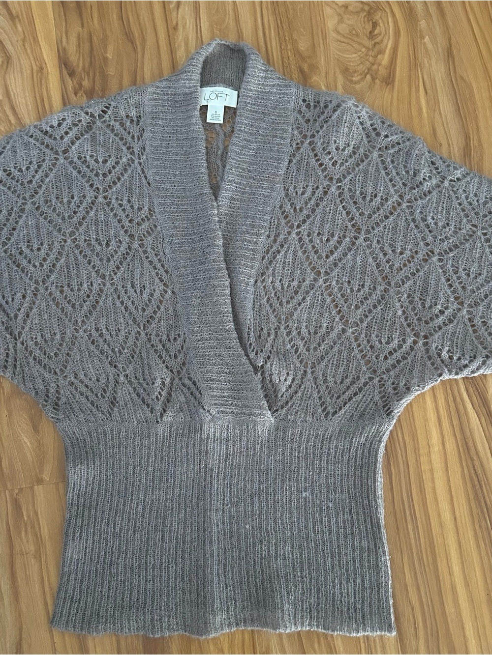 LOFT Taupe Gray Lace-Knit Shawl Collar Raglan Sleeve Sweater